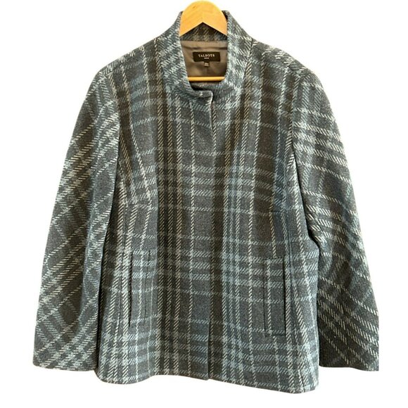 Talbots Women's Plus Size Blue Gray Plaid Wool Snap Front Blazer 24W Layering - Picture 1 of 6